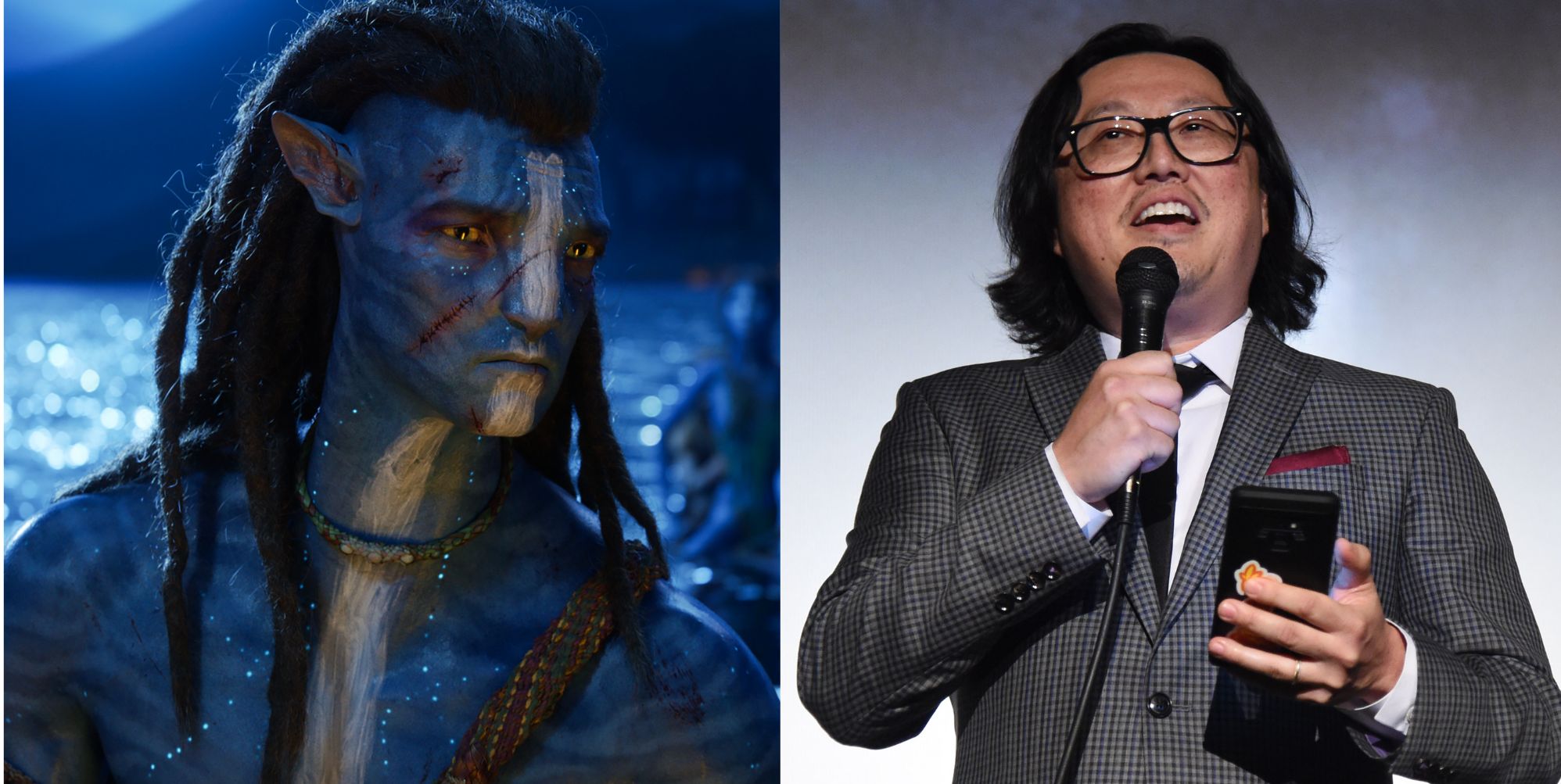 An image composite featuring Avatar (left) and Joseph Kahn speaking on stage (right).