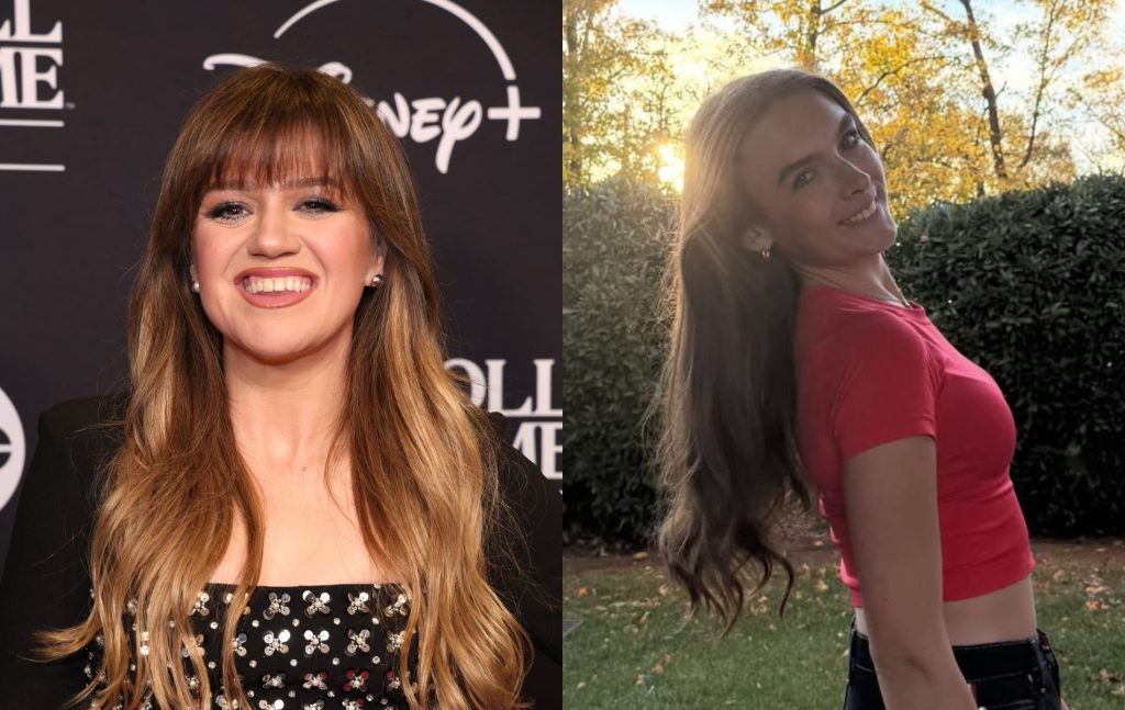 Kelly Clarkson on a red carpet with a black dress with floral silver sequins and a shot of trans teen Harleigh in a red cropped top with her long brown hair over her shoudlers.