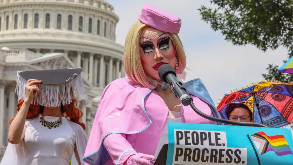 Drag performer Brigitte Bandit speaks during a press conference advocating for LGBTQ+ rights on Capitol Hill on June 25, 2024 in Washington, DC.