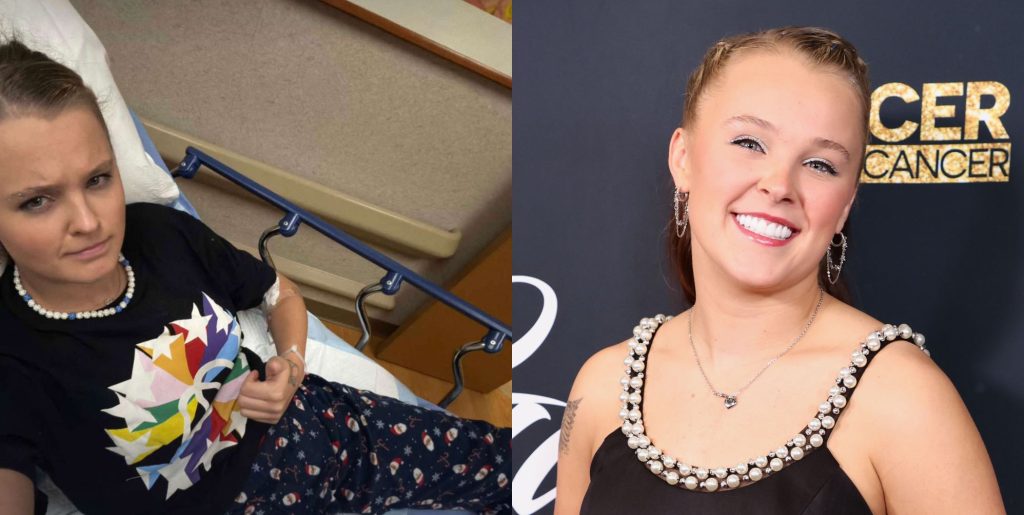 On the left, a selfie taken by JoJo Siwa in a hospital bed looking concerned. On the right, JoJo Siwa smiles while wearing a black strap dress.
