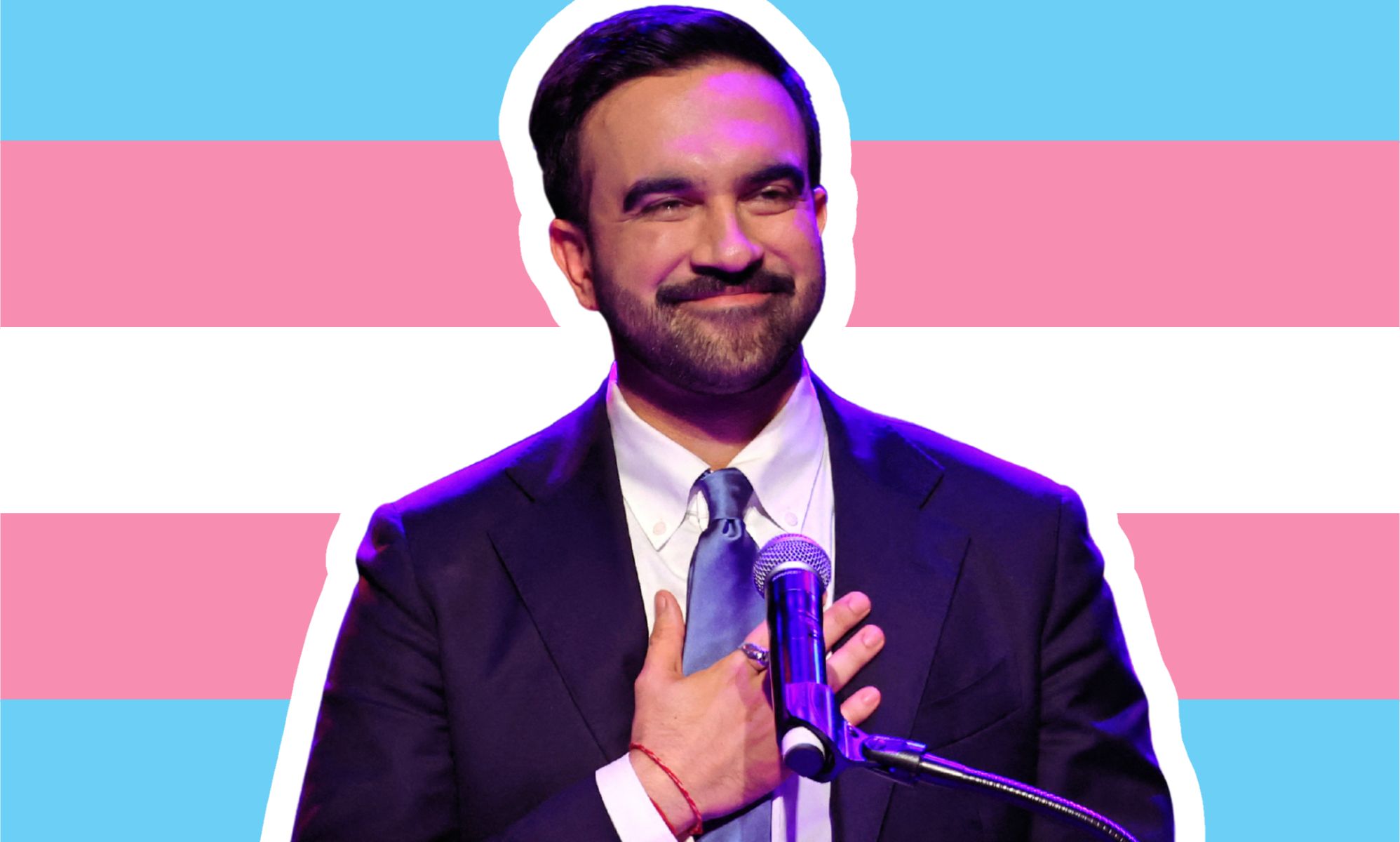 A photoshopped image of Zohran Mamdani over a trans flag.