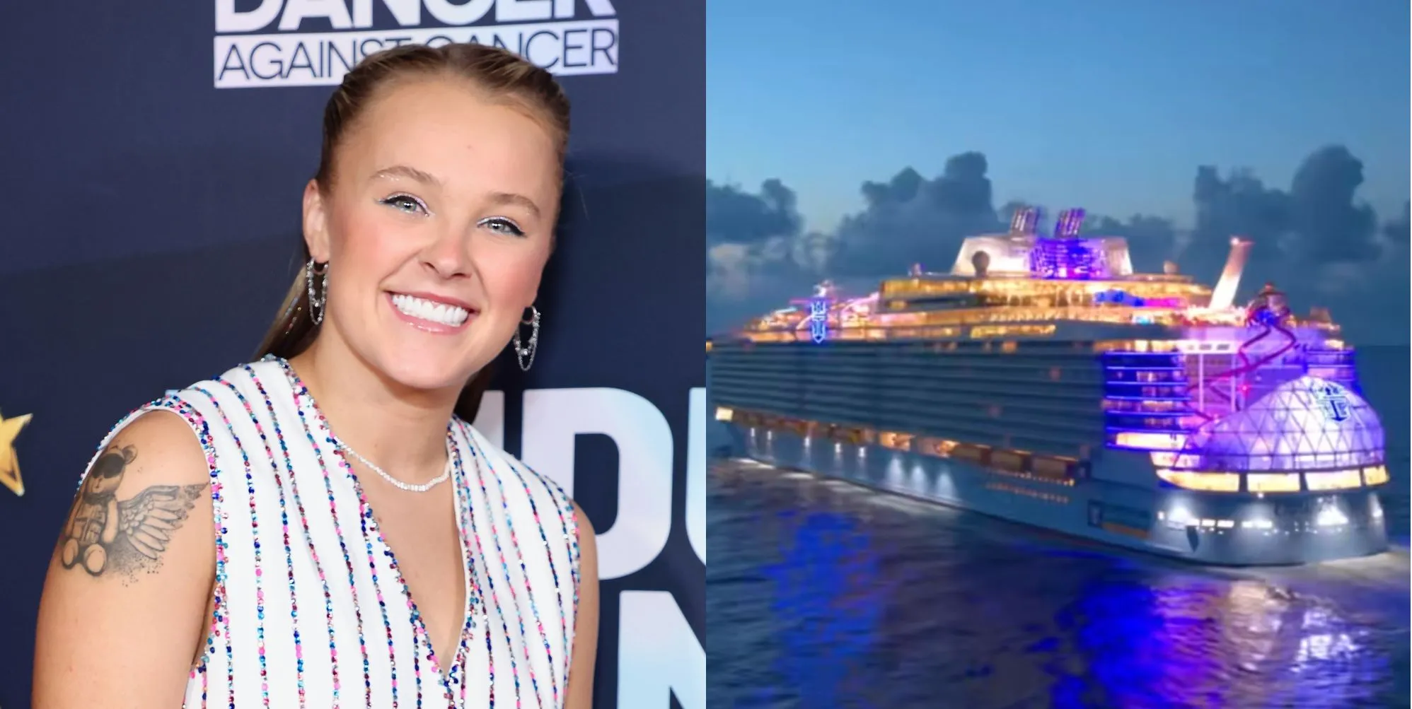JoJo Siwa smiles in a bedazzled white tank top (left) and a still from her cruise ship announcement video featuring the ship (right).