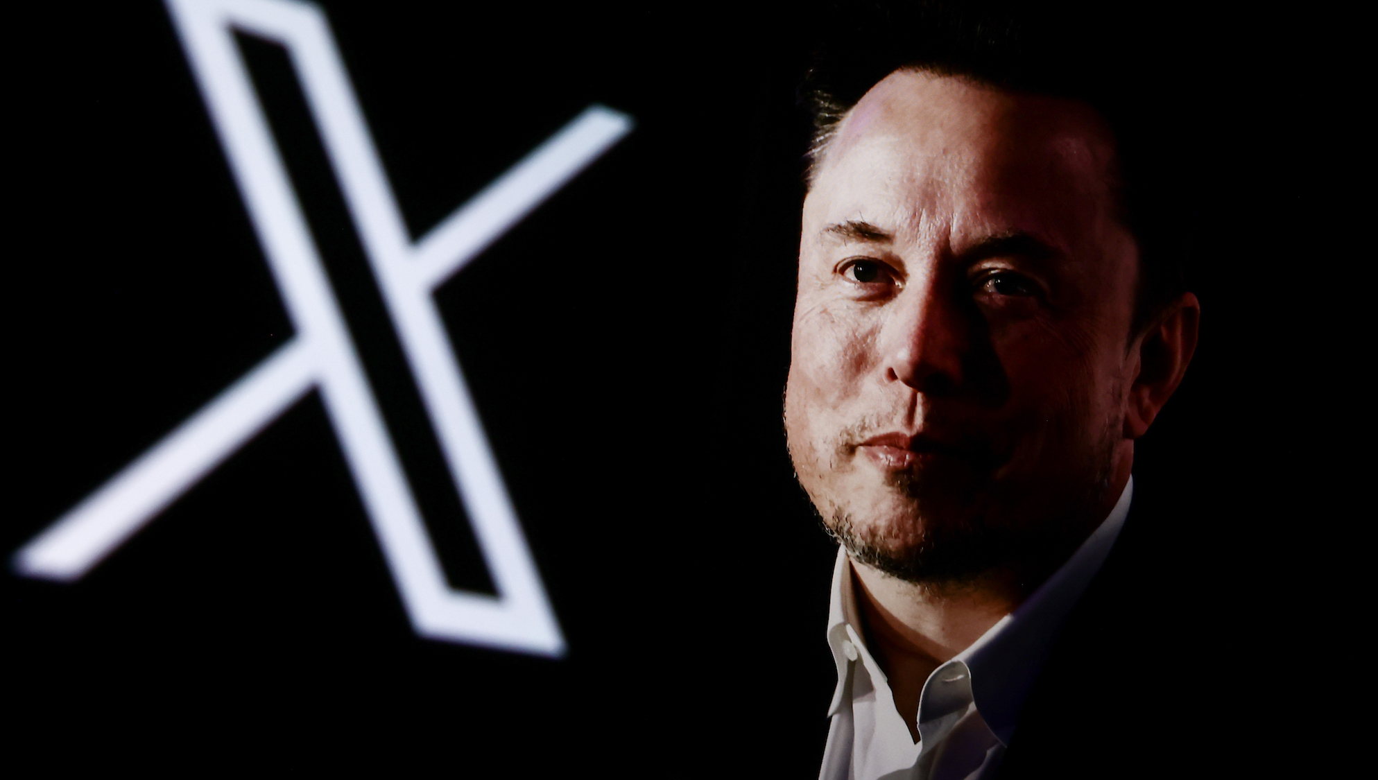 A portrait picture of Elon Musk photographed in Krakow, Poland on January 22nd, 2024 and X, former Twitter, logo are screened for illustration photo in Krakow, Poland on October 25, 2024. (Photo by Beata Zawrzel/NurPhoto)