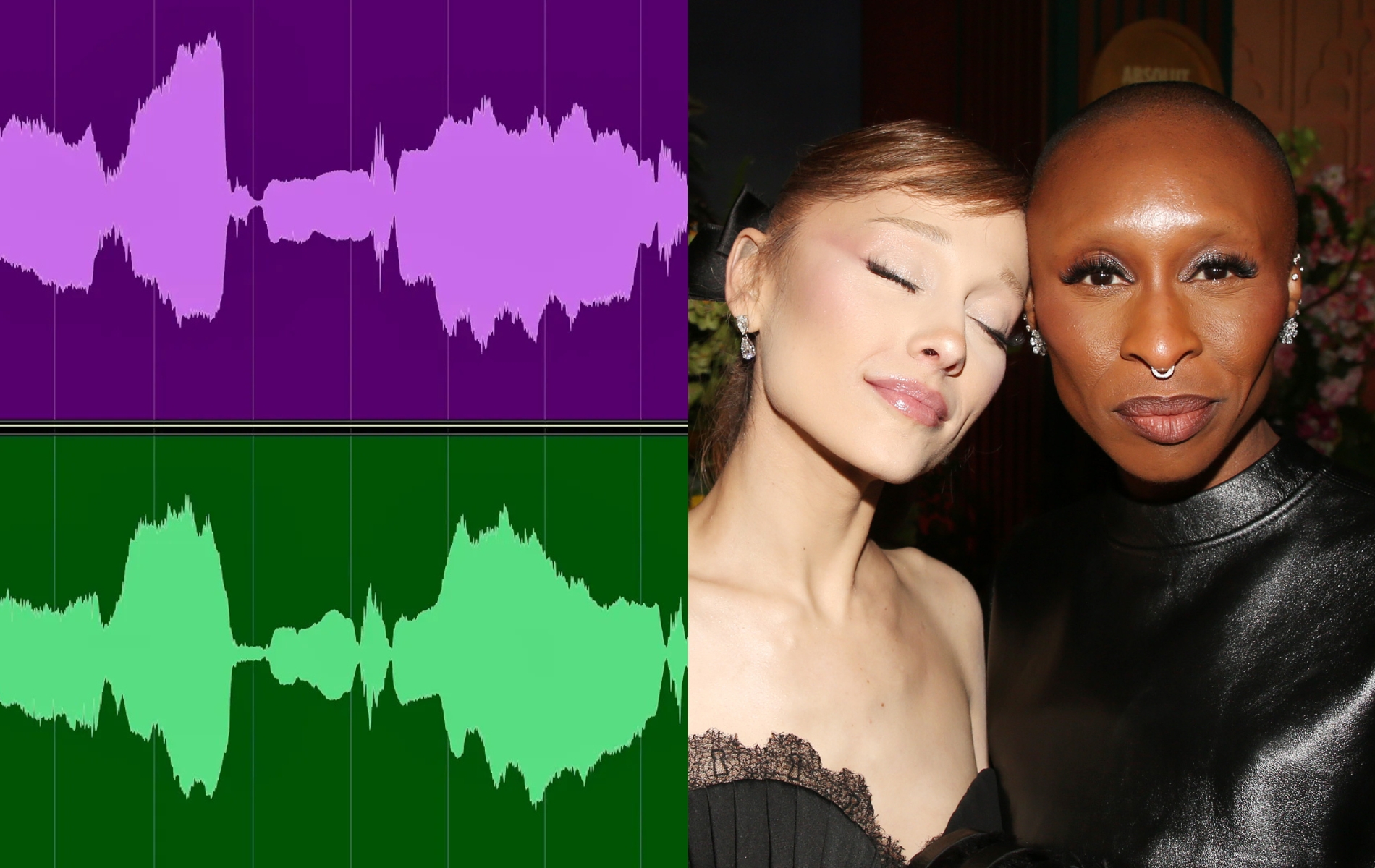 Vocal wave lengths of Ariana Grande and Cynthia Erivo in-sync alongside a photo of them leaning their heads together.