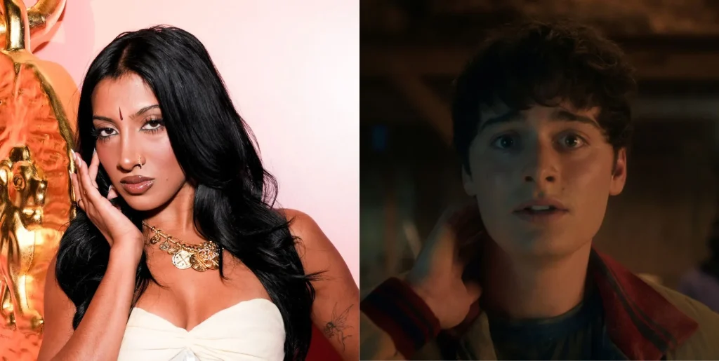 On the left, Lara Raj in a white dress in october 2025 on a red carpet. On the right, Noah Schnapp as Will Byers in Stranger Things season five.