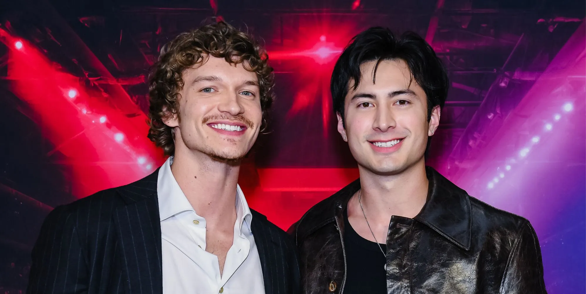 Connor Storrie and Hudson Williams attend the premiere of "Heated Rivalry" at TIFF Lightbox on November 24, 2025 in Toronto, Ontario.