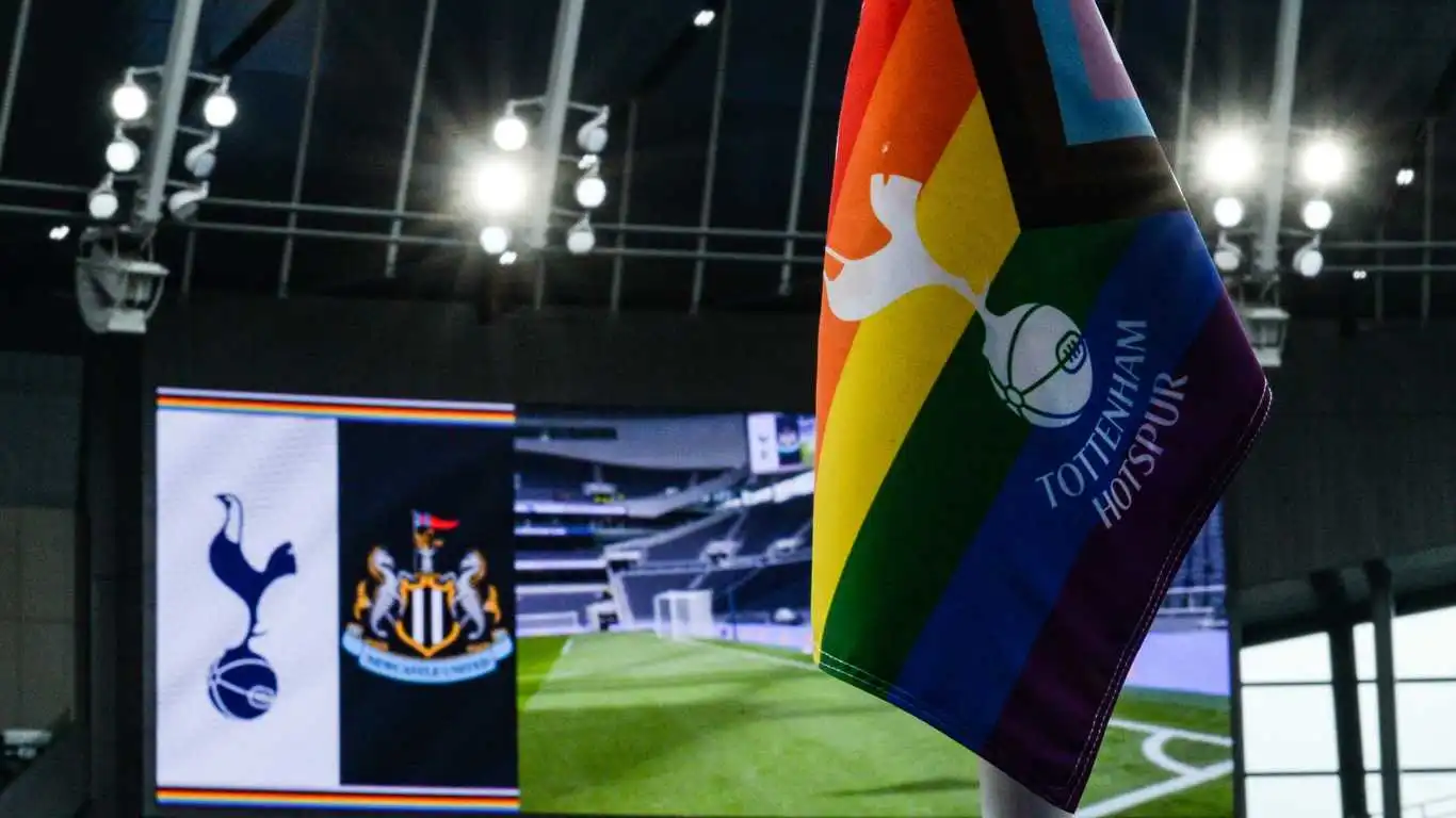 The rainbow laces corner flag during the Premier League match between Tottenham Hotspur and Newcastle United at Tottenham Hotspur Stadium on October 23, 2022 in London, England.