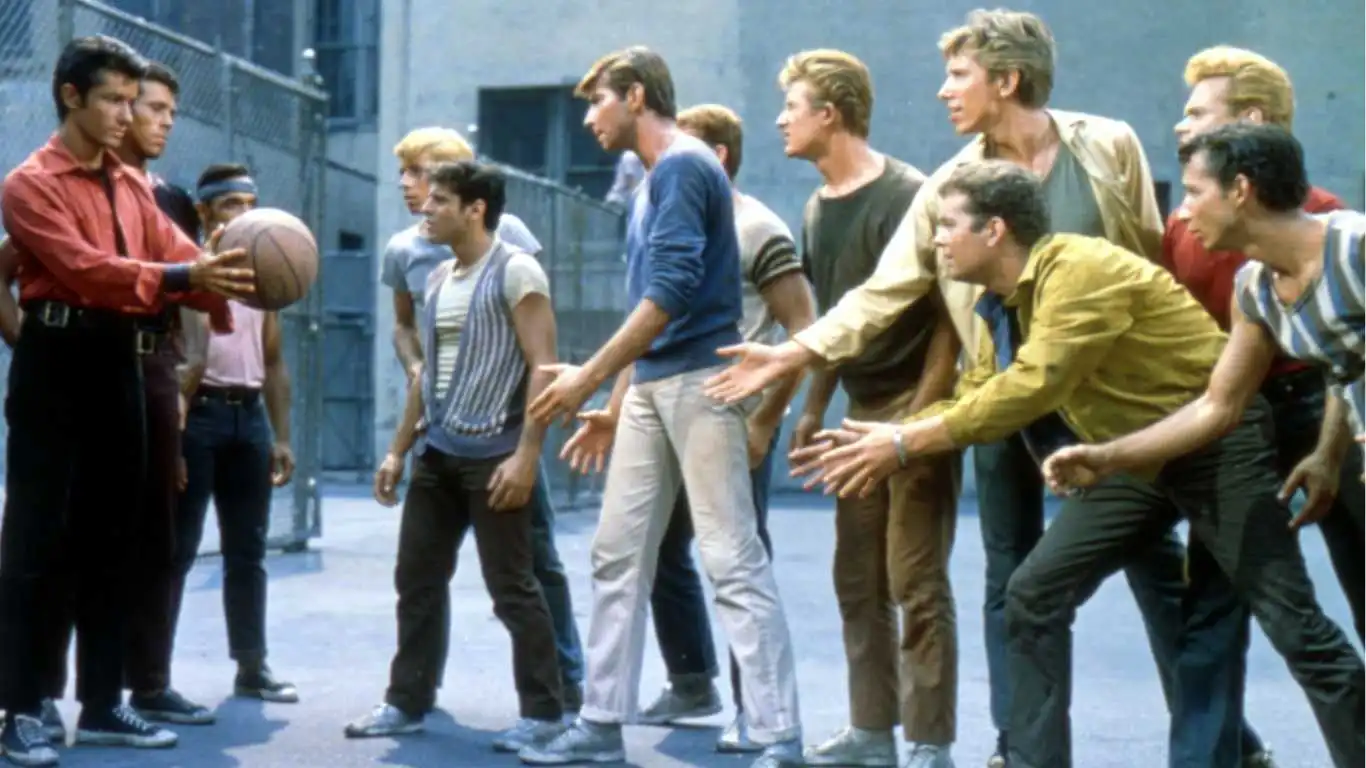 Actors George Chakiris, Tony Mordente, Tucker Smith and Russ Tamblyn in a scene from the musical film