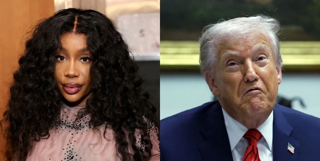 SZA in a grey outfit backstage at the Grammys (left) and Donald Trump upturning his mouth while sat in the White House