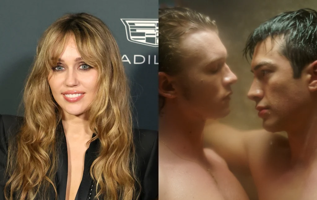 Miley Cyrus smiling at the camera in a black suit. Heated Rivalry still of the two men together in the shower