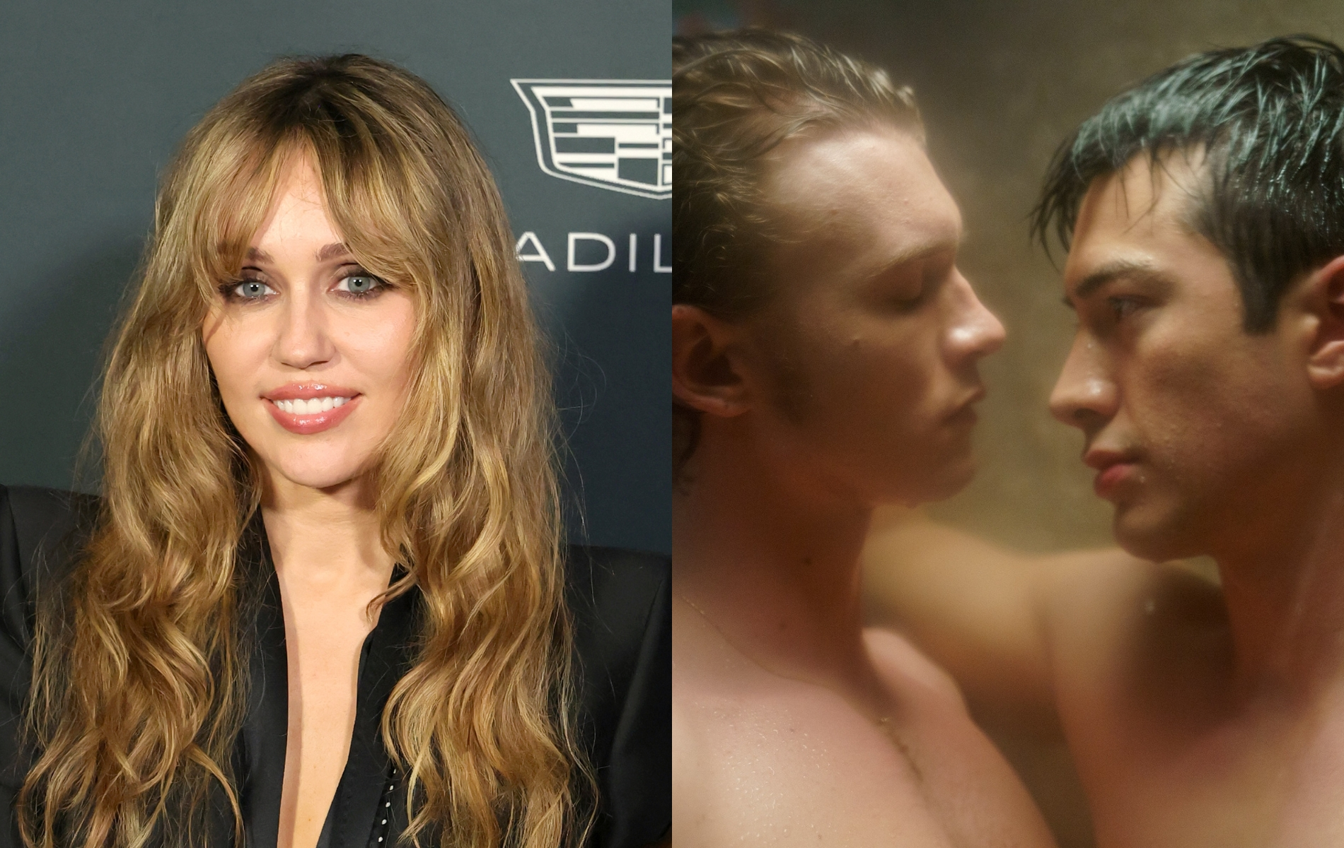 Miley Cyrus smiling at the camera in a black suit. Heated Rivalry still of the two men together in the shower