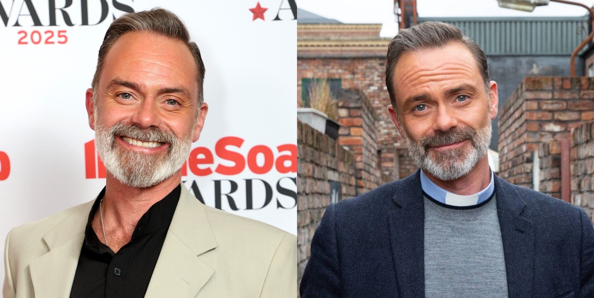 On the left, Daniel Brocklebank smiles on the red carpet of the InsideSoap Awards. On the right, Billy Mayhew in Coronation Street.