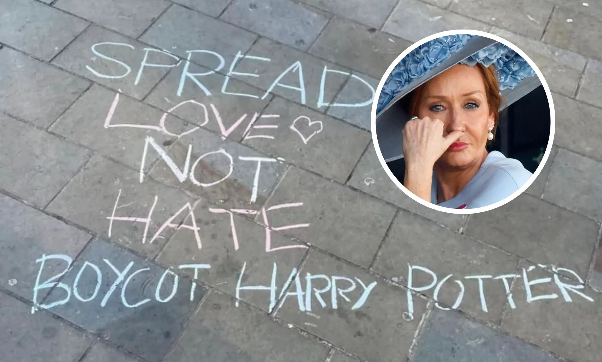 A pavement chalk message reading: "Spread Love Not Hate. Boycott Harry Potter."