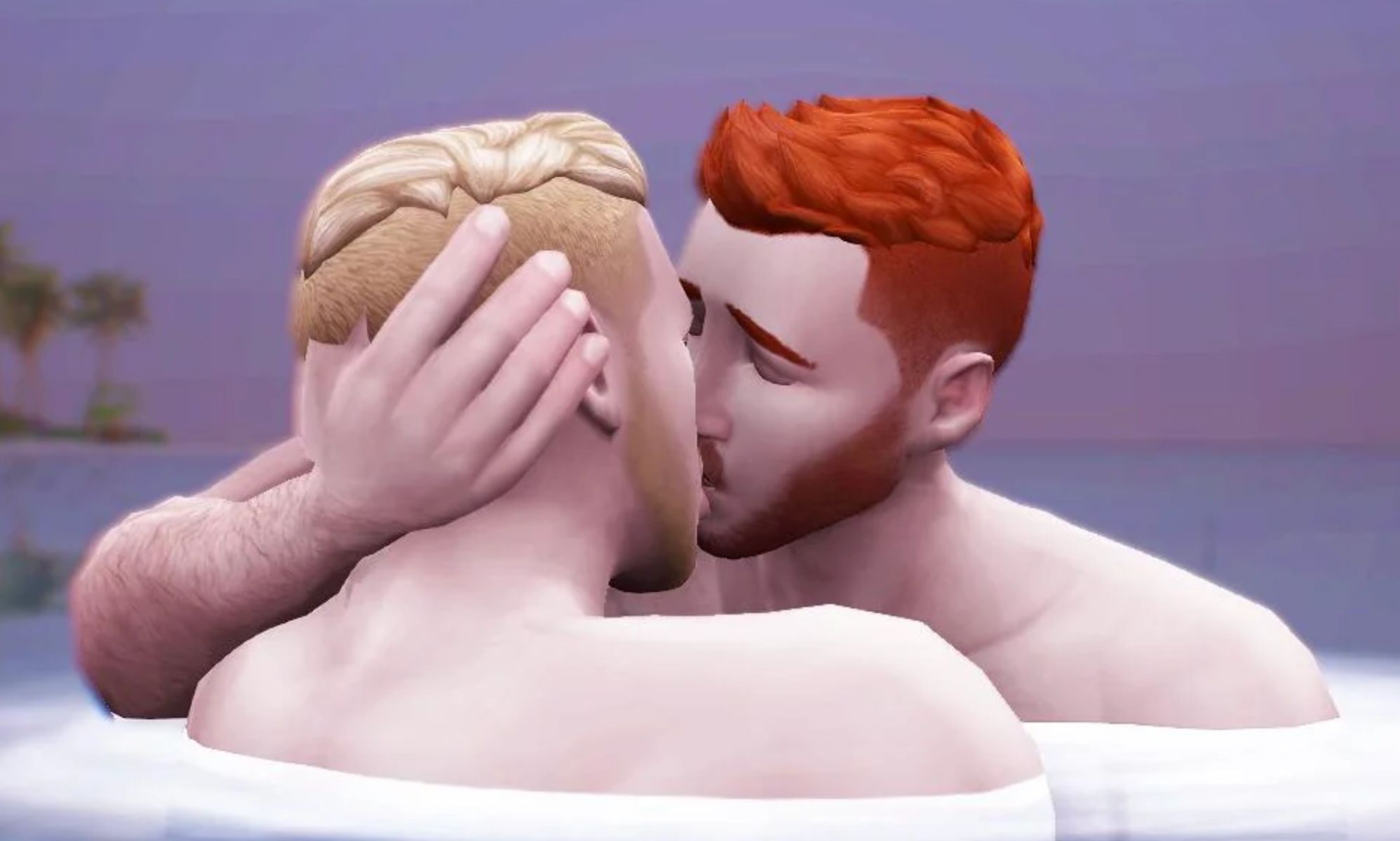 Two men kissing in The Sims.