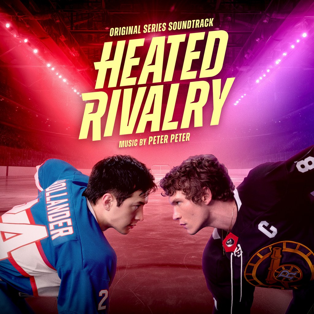Portada de la banda sonora de Heating Rivalry: banda sonora original de la serie Música de Heating Rivalry de peter peter texto sobre los jugadores de hockey shane e ilya enfrentados.