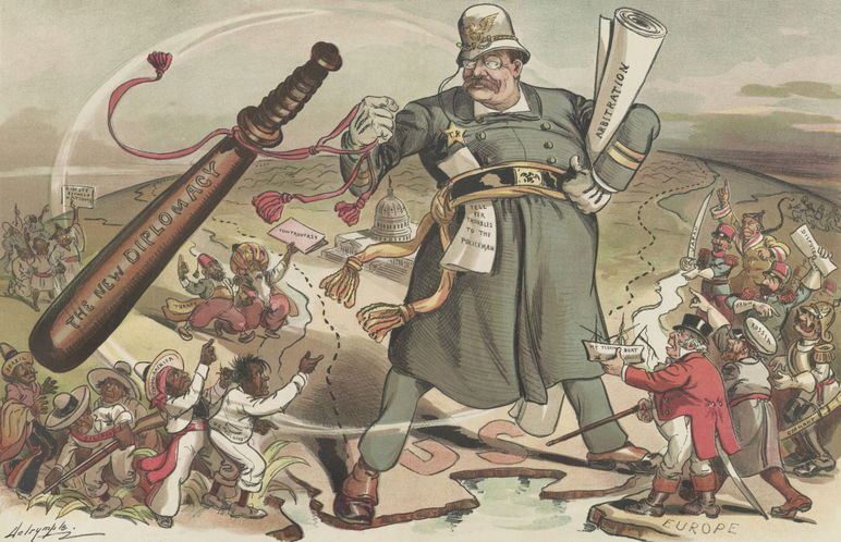 Caricatura de la revista Puck del 14 de enero de 1905. El presidente Theodore Roosevelt es un agente de policía que se encuentra entre Europa, América Latina, Asia y África con un gran garrote etiquetado "La nueva diplomacia."