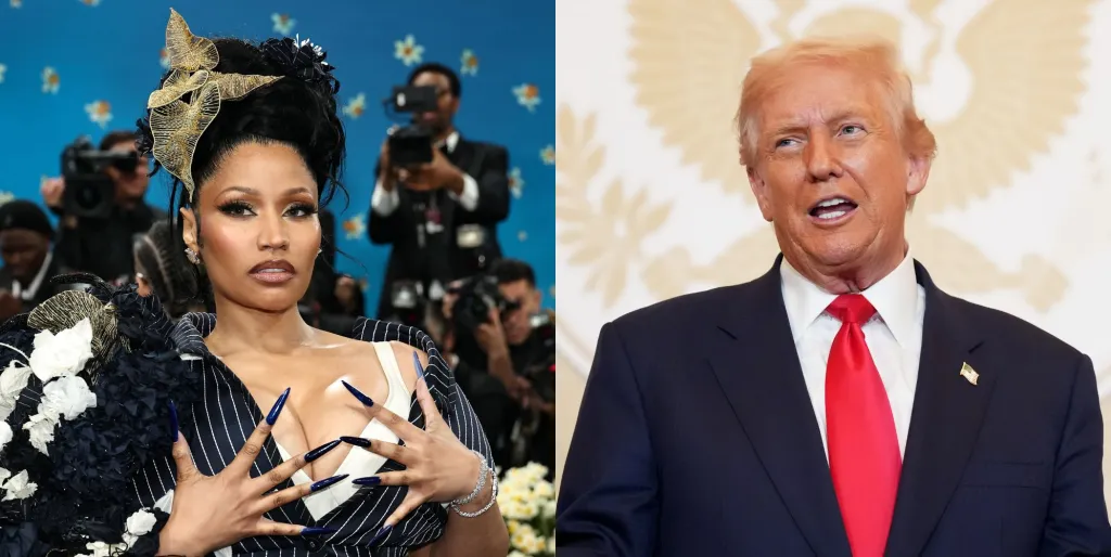 Imágenes lado a lado de Nicki Minaj en la Met Gala 2025 y Trump en un podio en octubre de 2025.