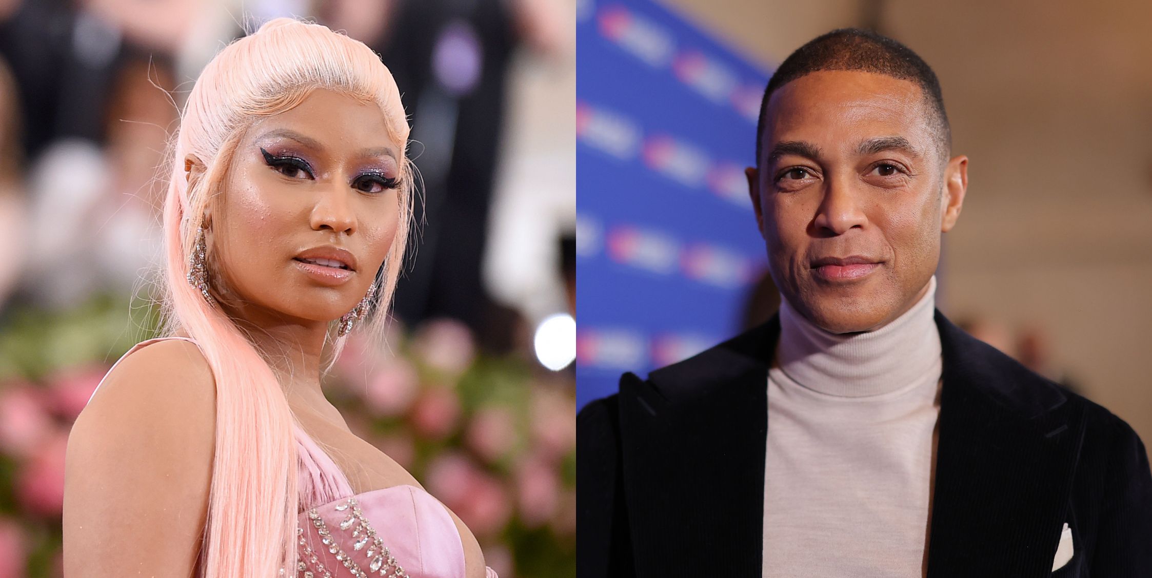 Nicki Minaj in 2019 (left) with pink hair and a pink top. Don Lemon (right) in a roll neck and blazer.