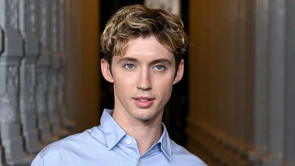 Foto de primer plano del músico Troye Sivan con una camisa azul