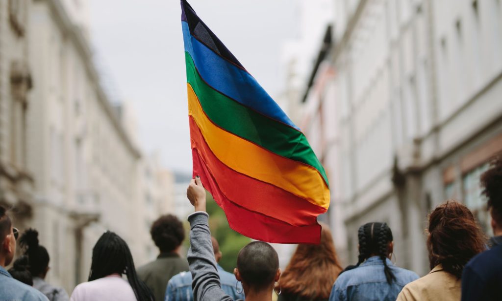 A protest group, with one person holding a Pride flag.
