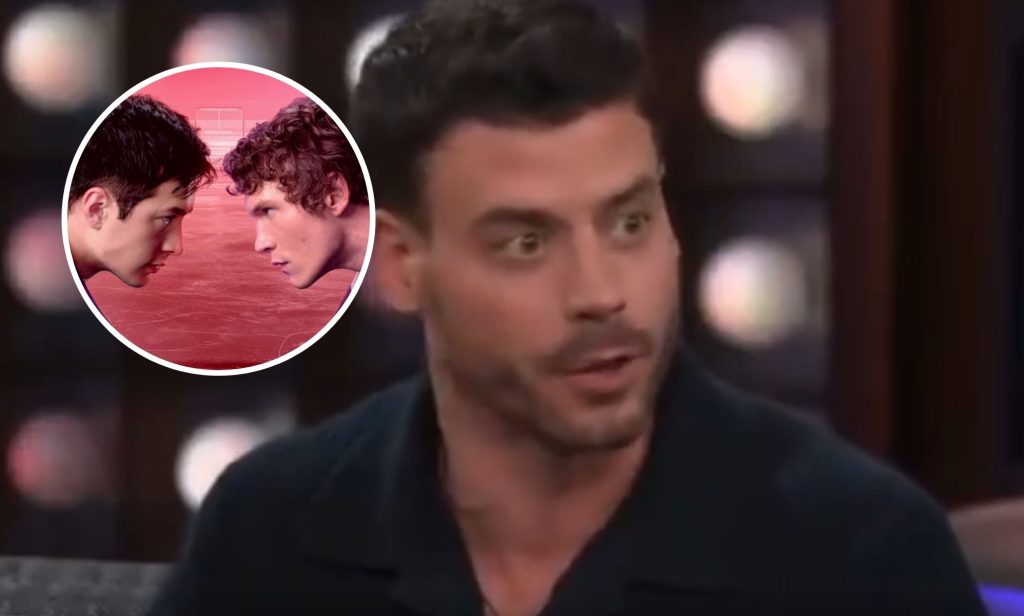 Francois Arnaud, with a photoshopped circle next to him containing the main characters of Heated Rivalry.