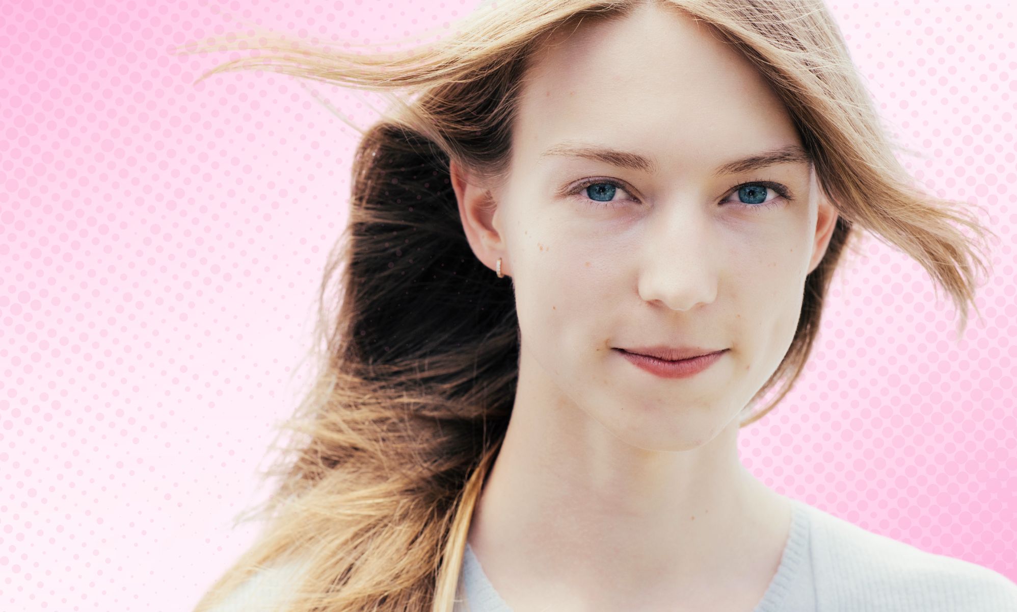 A trans woman superimposed on a pink gradient background.