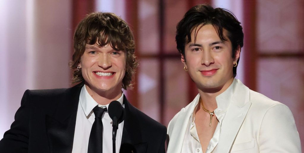 Connor Storrie, Hudson Williams at the 83rd Annual Golden Globes held at The Beverly Hilton on January 11, 2026 in Beverly Hills, California.
