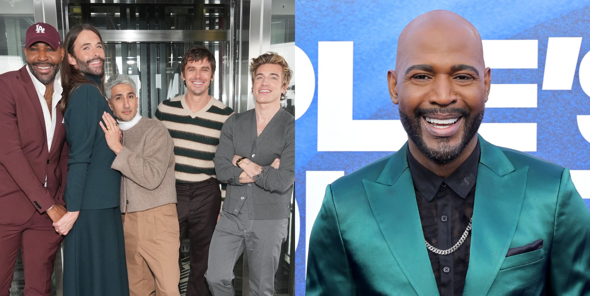 On the left, the Queer Eye cast in 2024. On the right, Karamo Brown in 2022.
