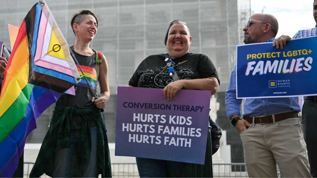 Demonstrators protest against conversion therapy outside the US Supreme Court as the Court hears oral arguements in Chiles v. Salazar, a landmark case on conversion therapy, on 7 October, 2025.