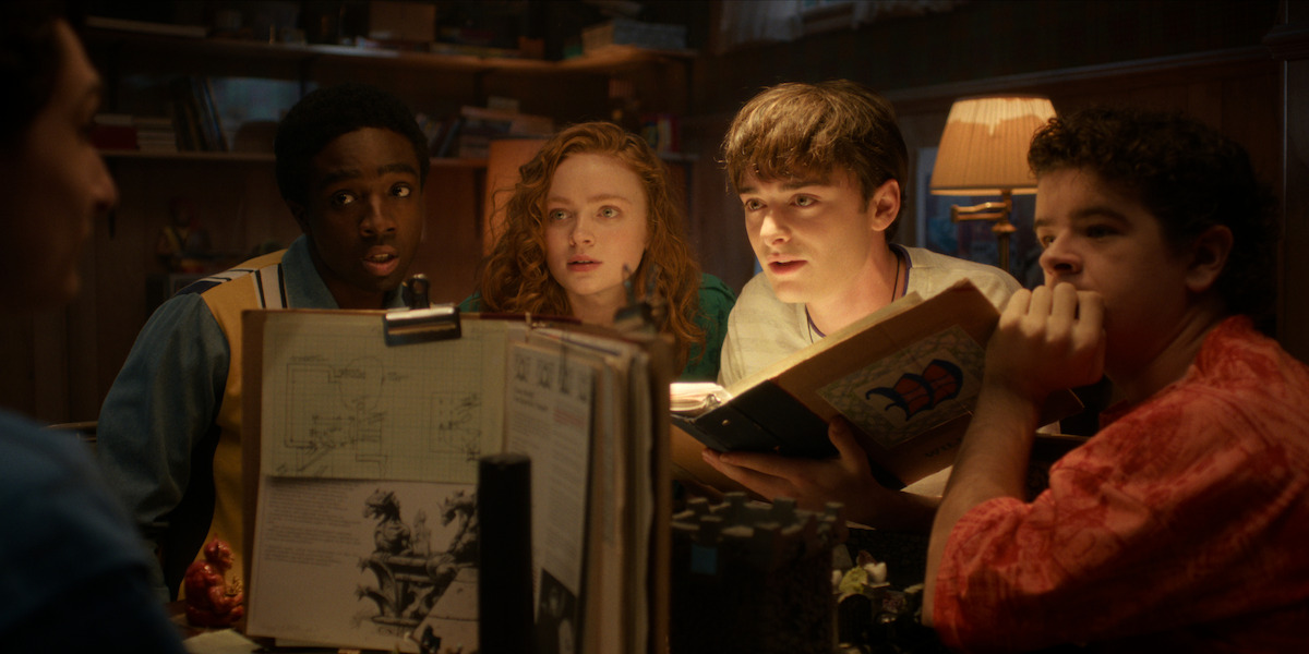 Caleb McLaughlin, Sadie Sink, Noah Schnapp, and Gaten Matarazzo in the Stranger Things finale