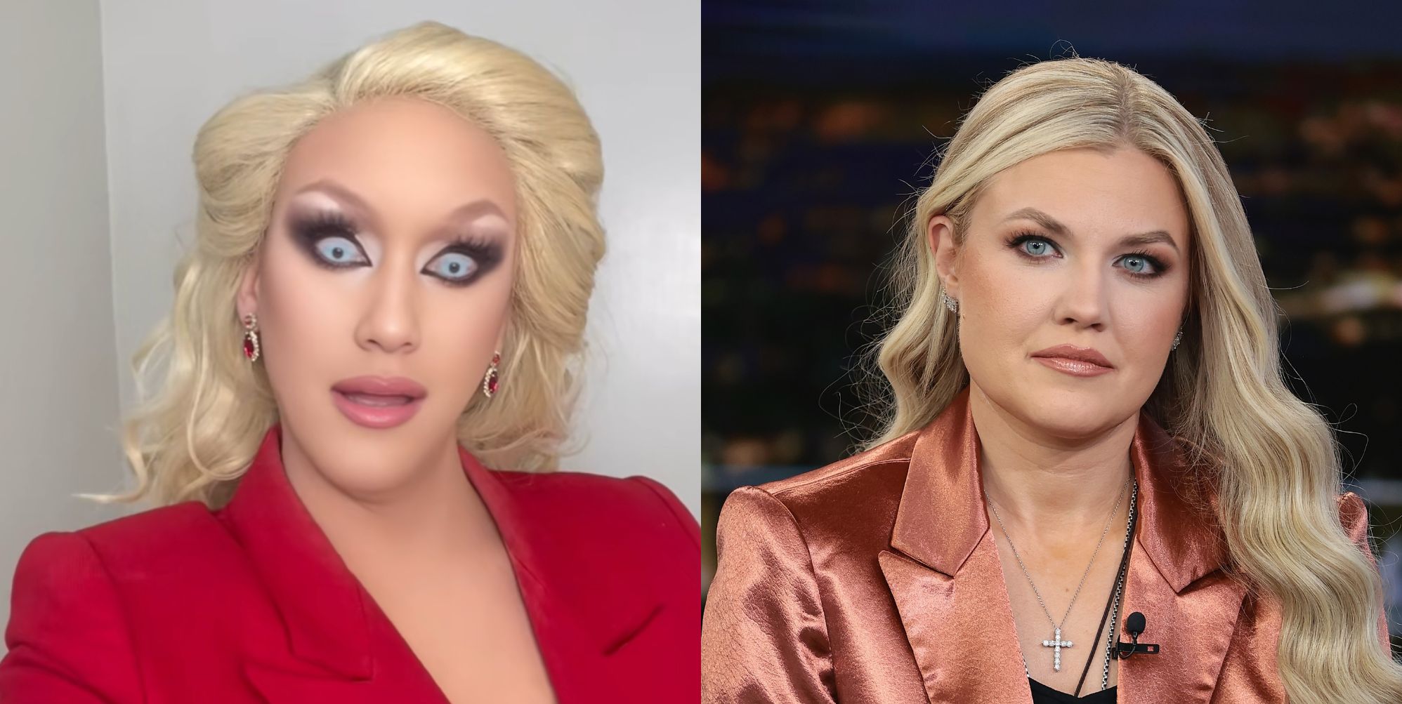 On the left, drag performer Lauren Banall as Erika Kirk. On the right, Erika Kirk on Fox News.