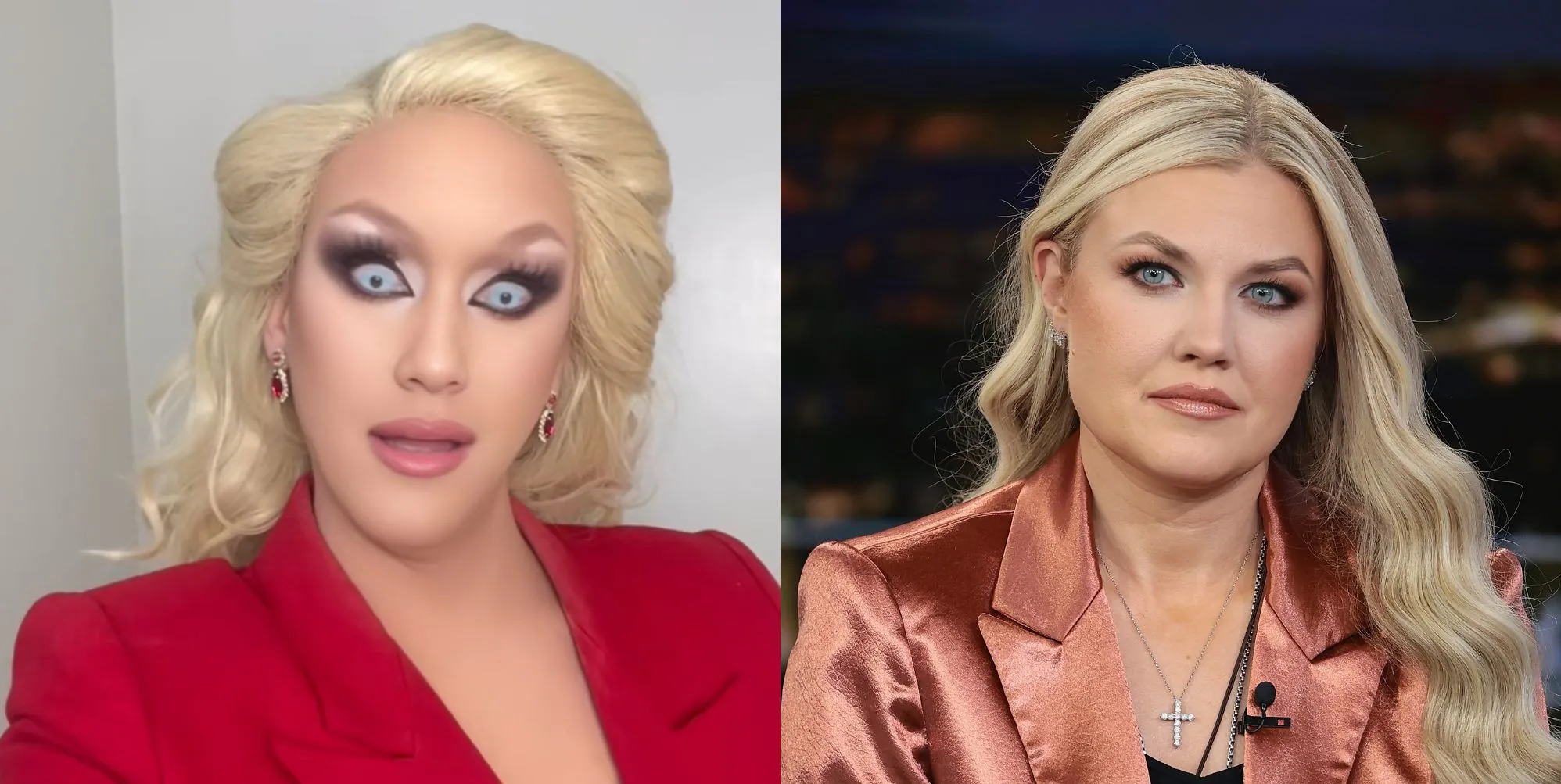 On the left, drag performer Lauren Banall as Erika Kirk. On the right, Erika Kirk on Fox News.