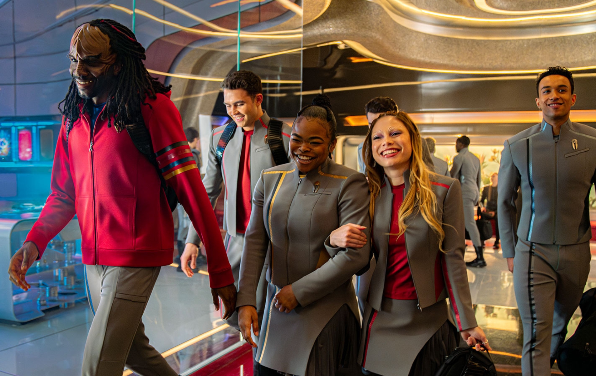 Karim Diané as Jay-Den Kraag, George Hawkins as Darem Reymi, Kerrice Brooks as Sam, Bella Shepard as Genesis Lythe and Sandro Rosta as Caleb Mir in season 1, episode 5 of Star Trek: Starfleet Academy streaming on Paramount+.