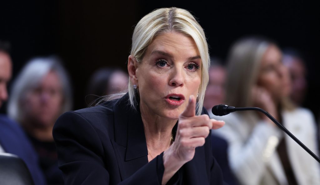 WASHINGTON, DC - OCTOBER 07: U.S. Attorney General Pam Bondi testifies before the Senate Judiciary Committee in the Hart Senate Office Building on Capitol Hill on October 07, 2025 in Washington, DC. Bondi is expected to face criticism from Democrats on the Justice Department’s targeting of President Trump’s political opponents, including the recent indictment of former FBI Director James Comey. (Photo by Win McNamee/Getty Images)