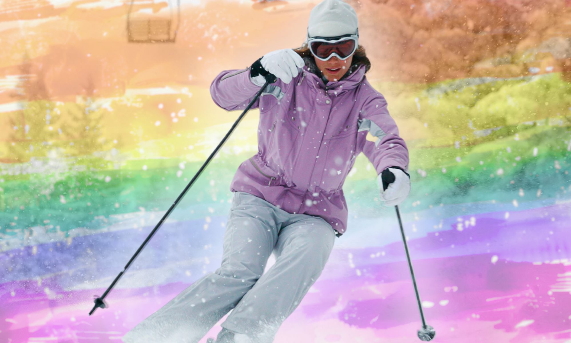 A skiier photoshopped in front of an LGBTQ+ flag.