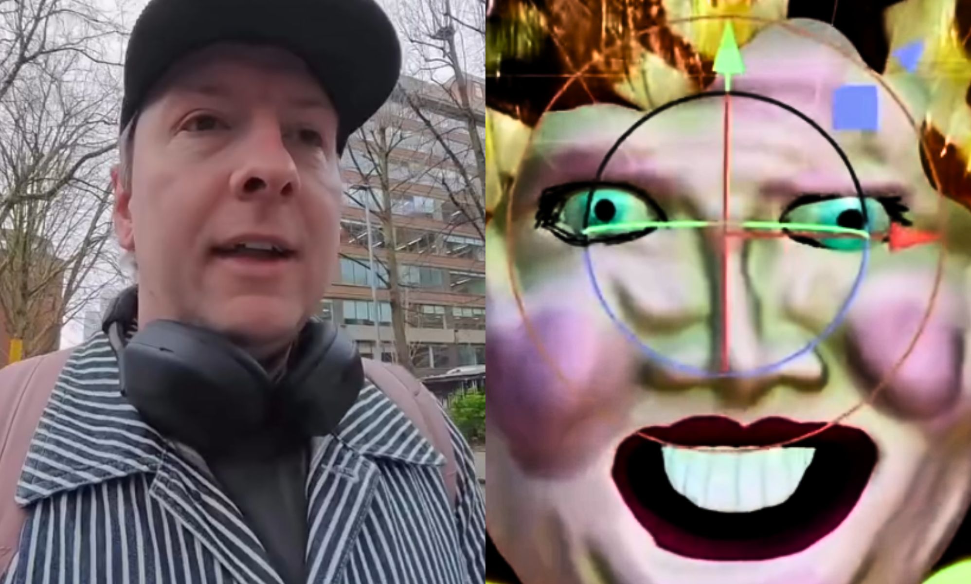 Joe Lycett next to his terrifying creation.