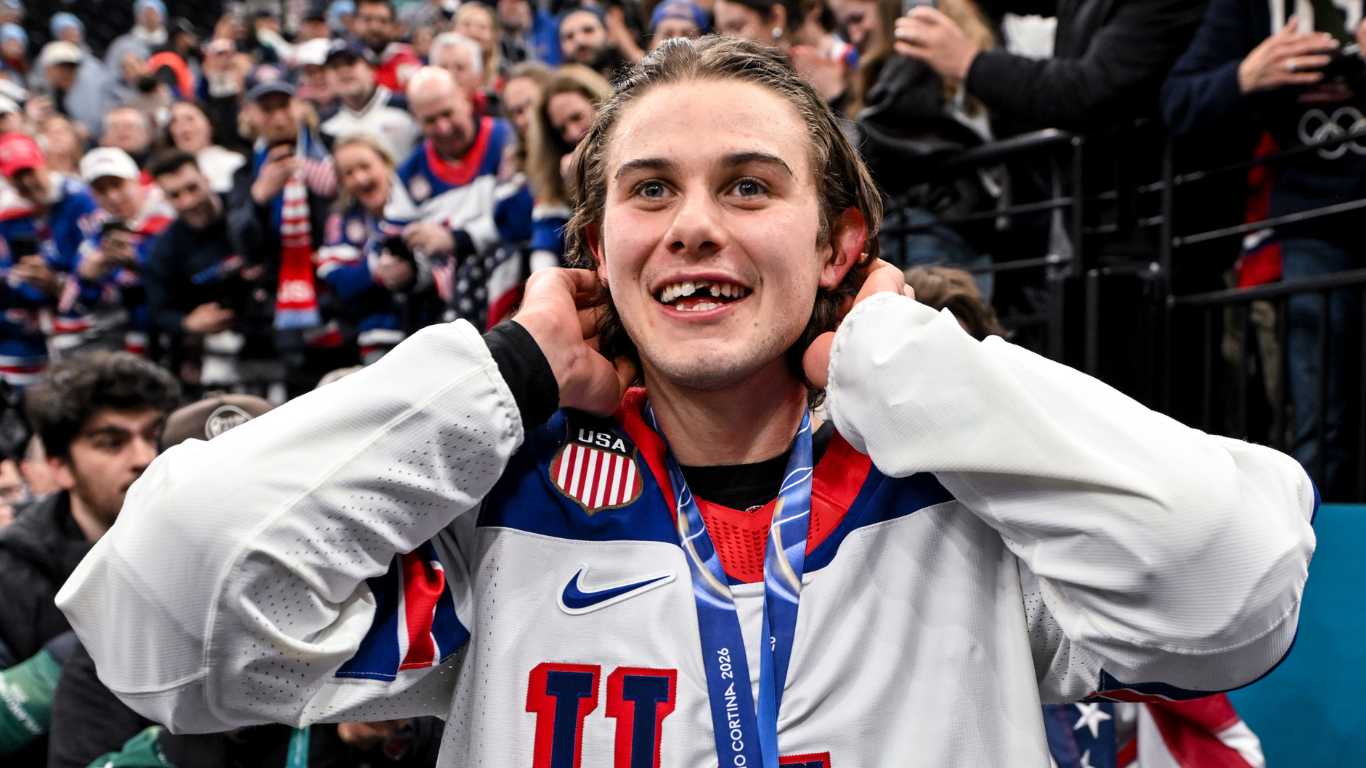 Jack Hughes of United States celebrates the victory during the Ice Hockey Men