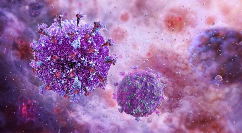 Una ilustración médica en 3D que muestra un retrovirus del VIH que se dirige a las células T.