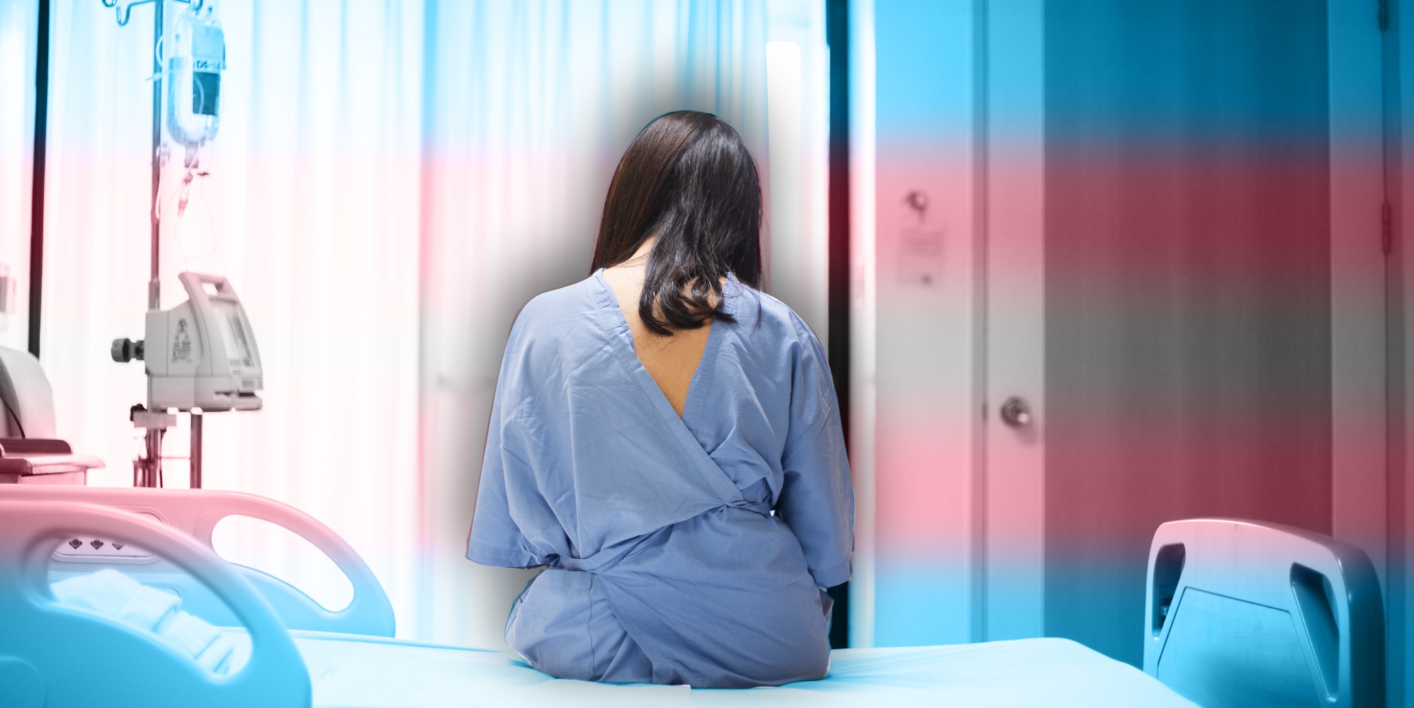 Stock image of person in hospital with trans flag colours