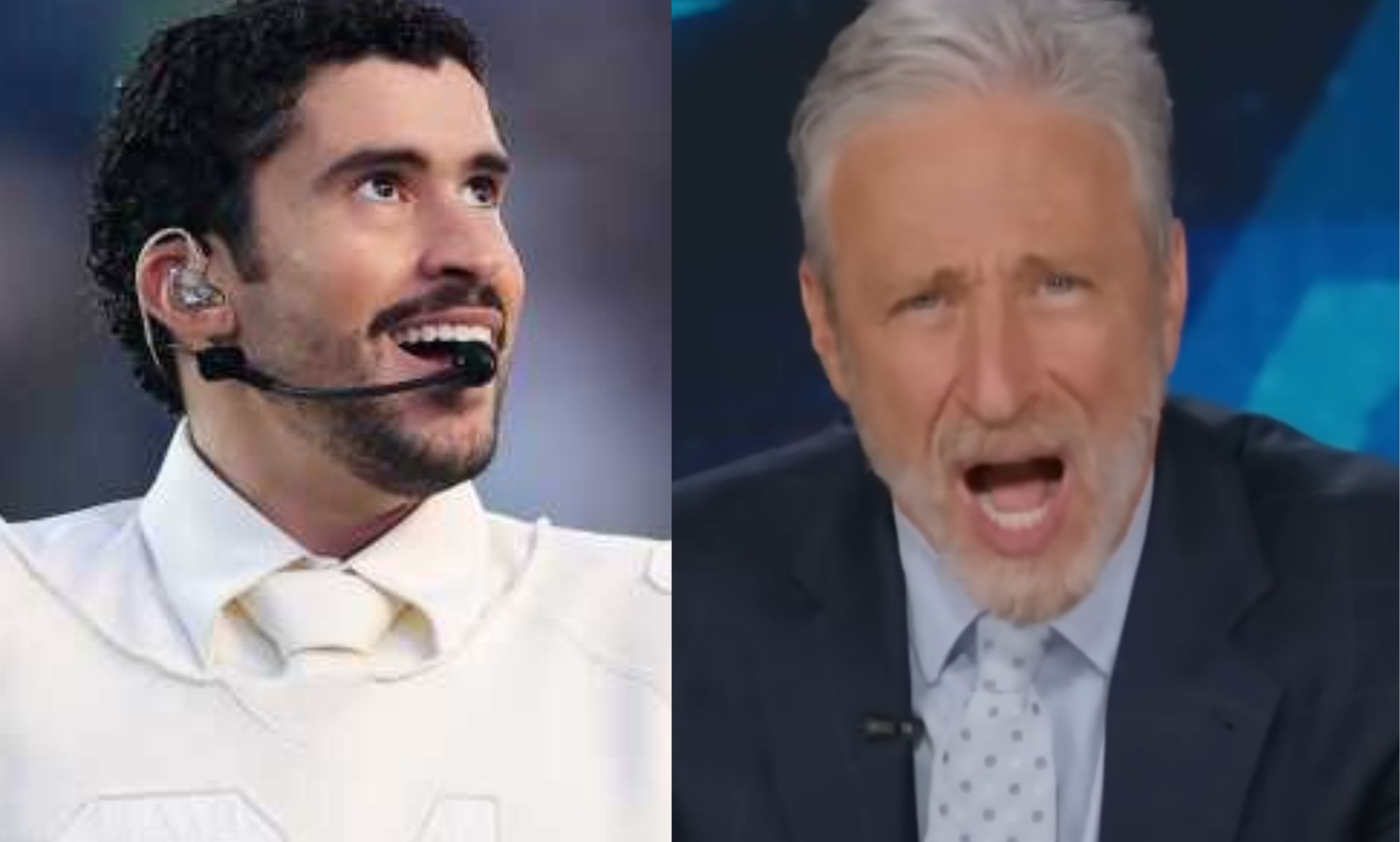 A split image of Bad Bunny (left) during his Super Bowl Halftime Show and Jon Stewart (right) on The Daily Show.