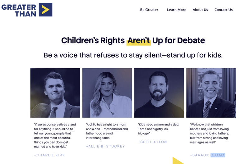 Una imagen del sitio web de la campaña Greater Than, que muestra una tergiversación de una cita del ex presidente Barack Obama.