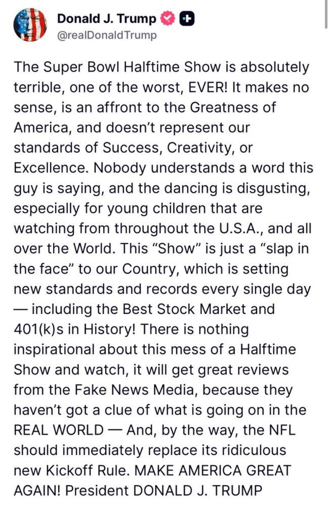 La publicación de Trump sobre el espectáculo de medio tiempo del Super Bowl