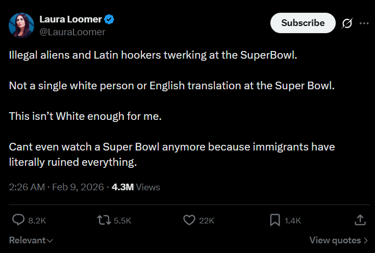 Publicación de Loomer sobre el espectáculo de medio tiempo del Super Bowl