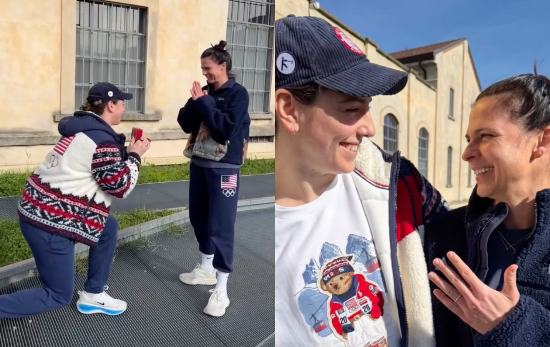 One image of Hilary Knight on one knee proposing to girlfriend Brittany Bowe. Second image of the pair looking at each other as Brittany holds up her hand with an engagement ring.