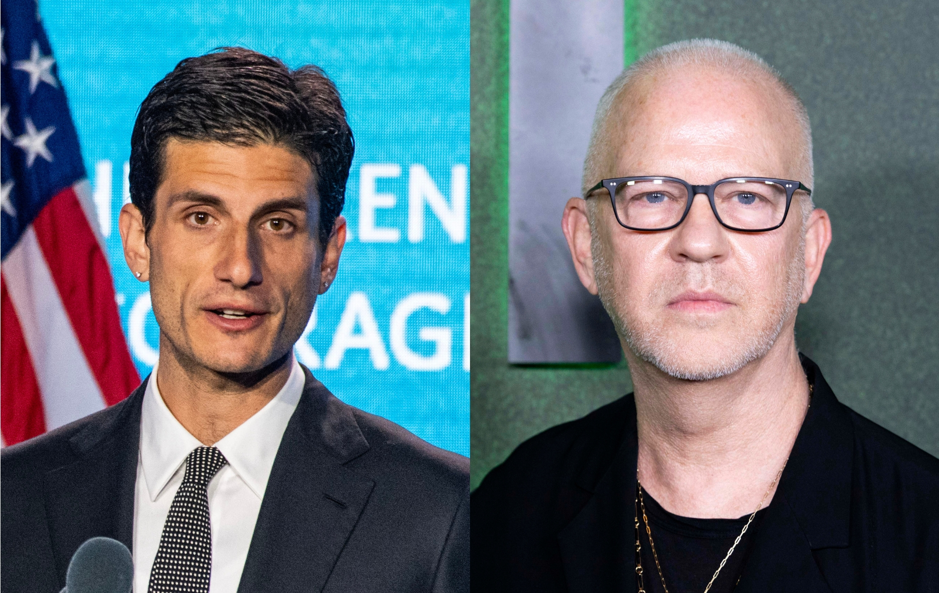 headshots of Jack Schlossberg and Ryan Murphy. Schlossberg is in a black suit, white shirt and polkadot tie. Schlossberg is in a black t-shirt and suit jacket, also wearing glasses.
