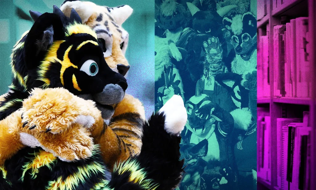 Two friends in full furry cosplay, in tiger costumes, hugging