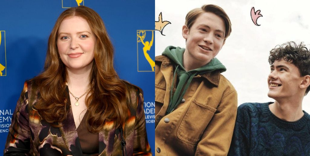 On the left Alice Oseman at the Children and Family Emmy Awards in 2026. On the right a promotional still for Heartstopper season one on Netflix.