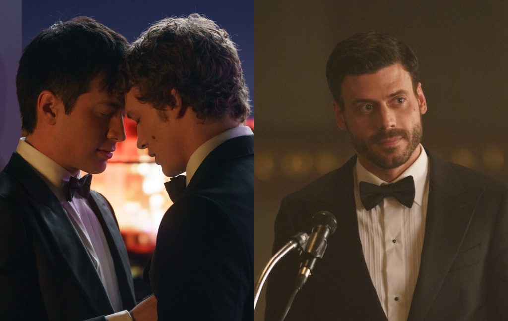 Heated Rivalry stills: Shane Hollander (Hudson Williams) and lya Rozanov (Connor Storrie) in suits with their foreheads pressed together. Seperate image of Scott Hunter (François Arnaud) in a suit standing at a podium with a mic.