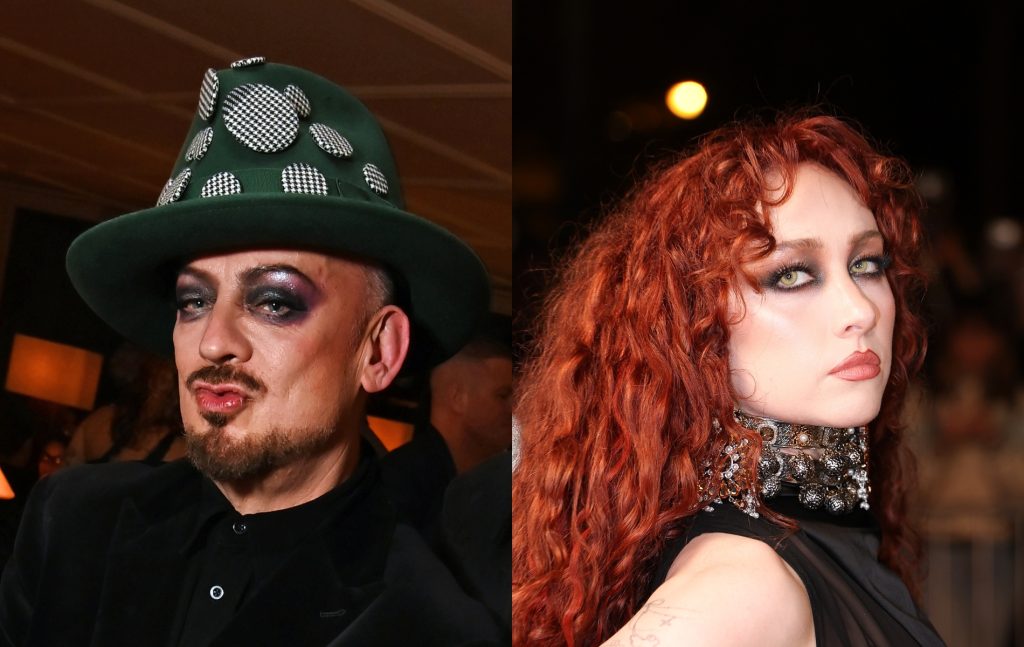 Headshot images of Boy George and Chappell Roan. George has a green hat with gingham circle patches and glittery eyeshadow. Roan is in a black dress with a high-neck choker, her eyes are bright green
