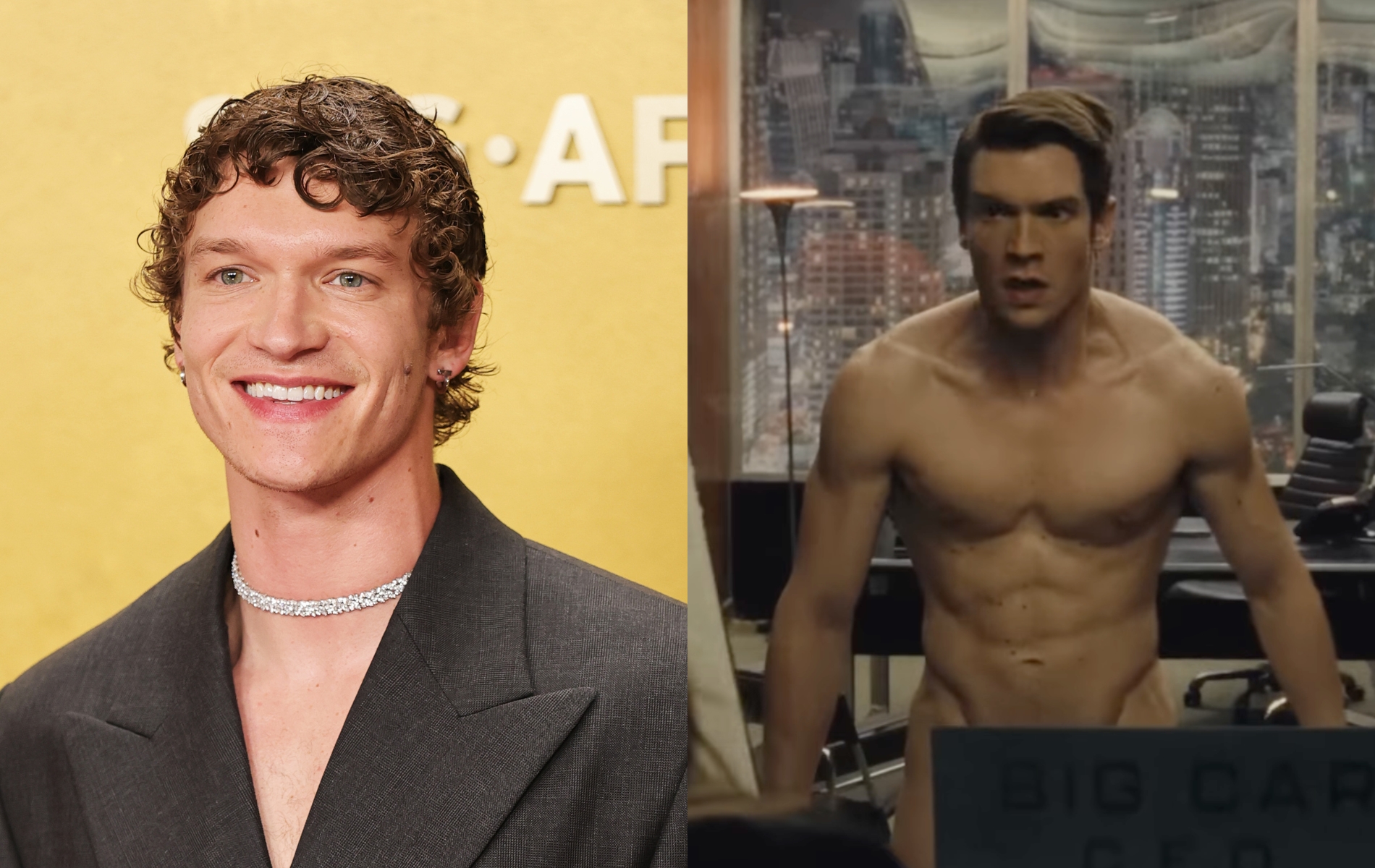 Connor Storrie headshot and SNL image of him nearly naked in an office